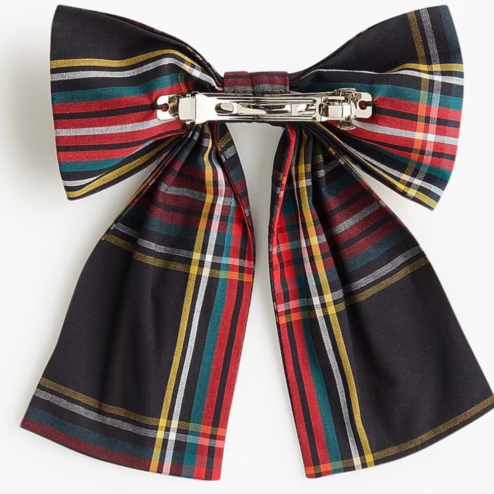 J Crew Factory Embellished Bow Barette Black Stewart Tartan - Picture 2 of 12
